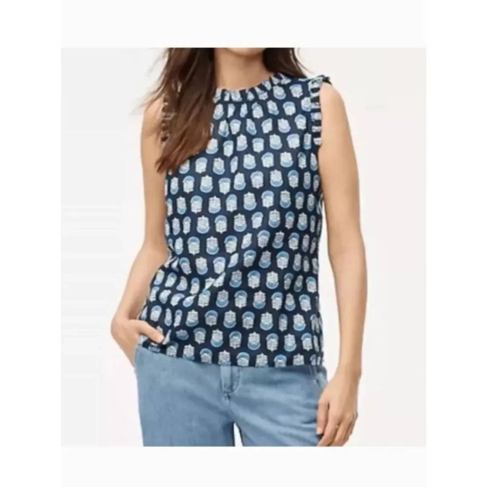 Like New! J.Crew Linen/Cotton Blend Ruffle Neck Sleeveless Top Blue S